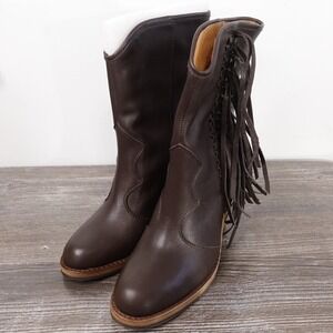 New! Frye Corinne Fringe Boots Womens Size 6 Dark Brown Mid-Calf Western